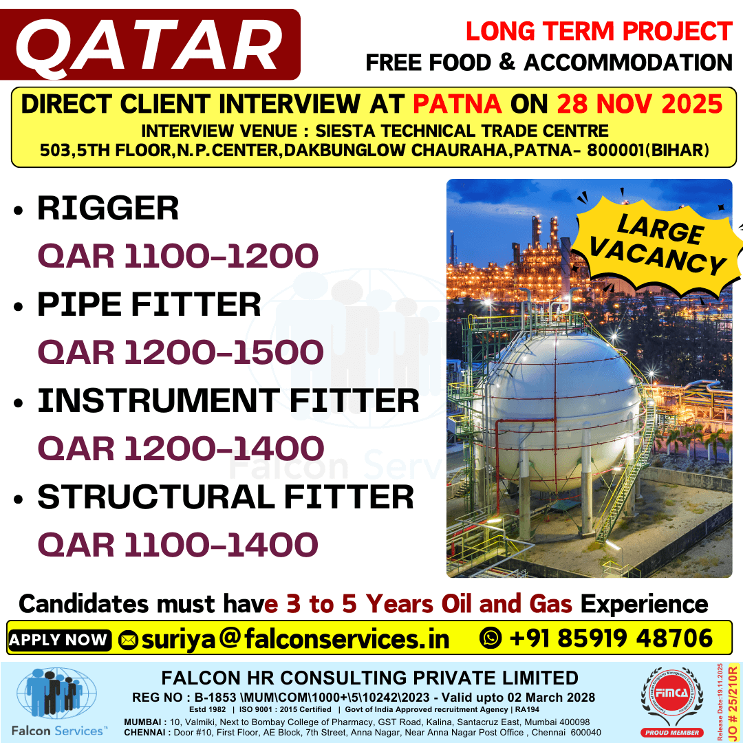 QATAR – LONG TERM PROJECT | Free Food & Accommodation Direct Client Interview in Patna – 28 Nov 2025 QATAR – LONG TERM PROJECT | Free Food & Accommodation Direct Client Interview in Patna – 28 Nov 2025