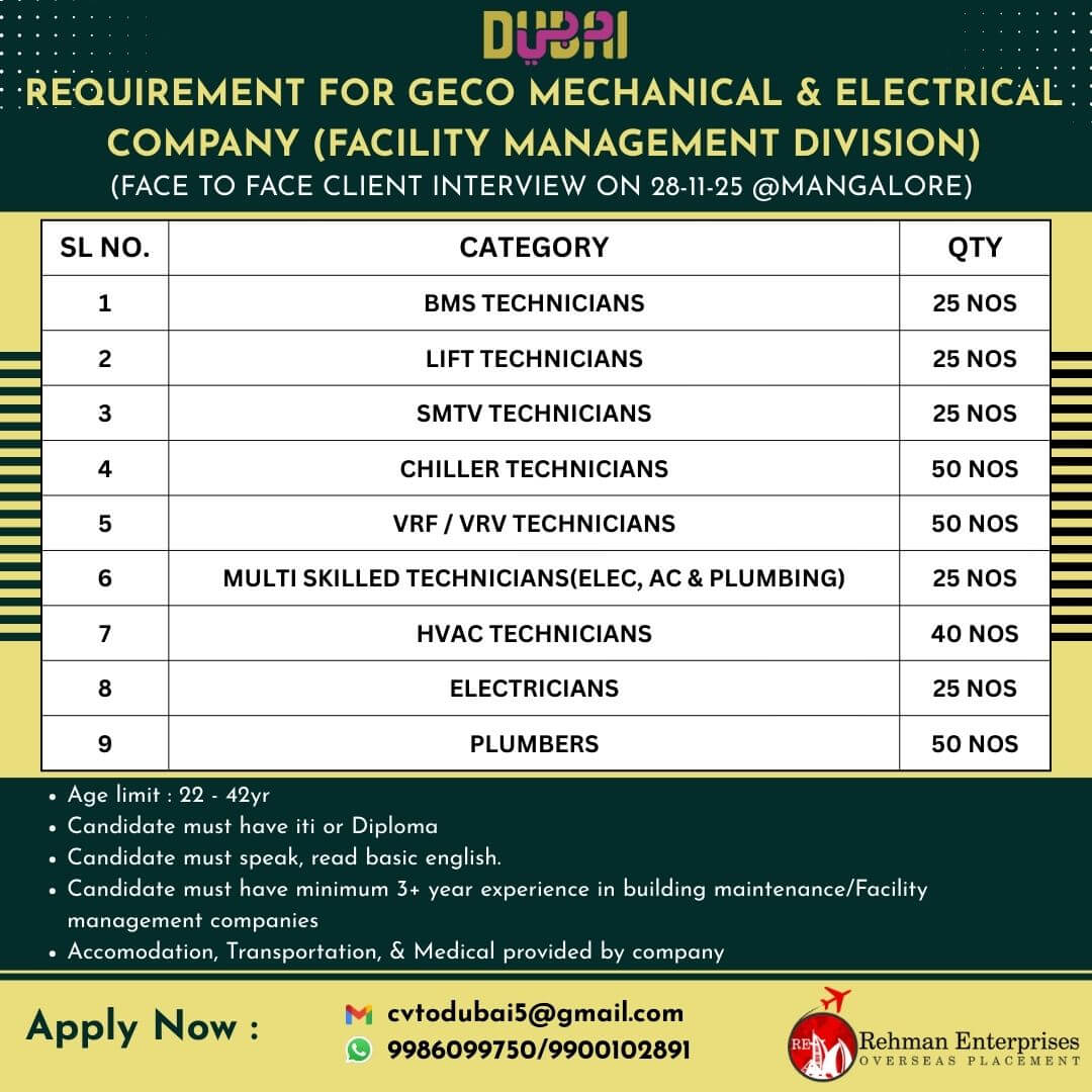 REQUIREMENT FOR GECO MECHANICAL & ELECTRICAL COMPANY IN DUBAI - INTERVIEW-28/11/2025 AT MANGLORE REQUIREMENT FOR GECO MECHANICAL & ELECTRICAL COMPANY IN DUBAI - INTERVIEW-28/11/2025 AT MANGLORE