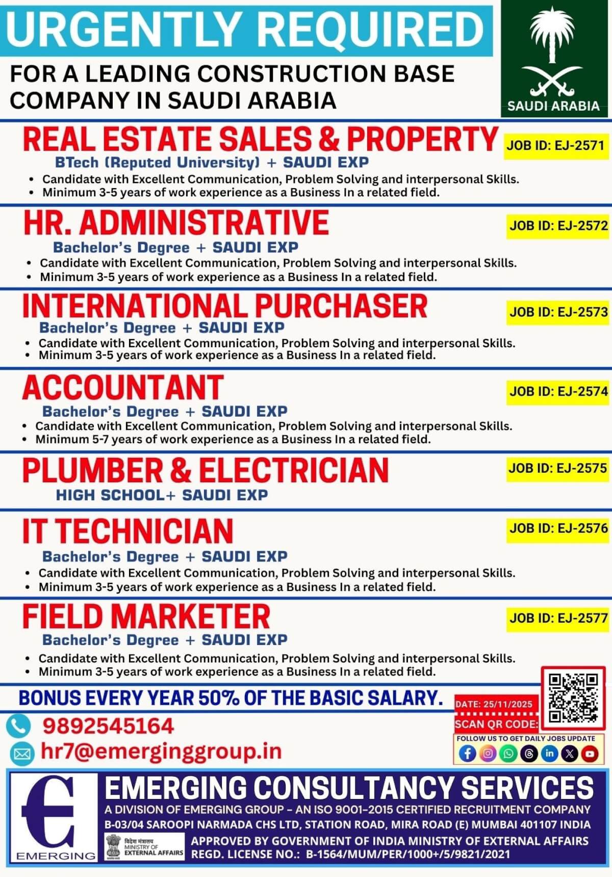 URGENTLY REQUIRED FOR CONSTRUCTION BASE COMPANY IN SAUDI ARABIA