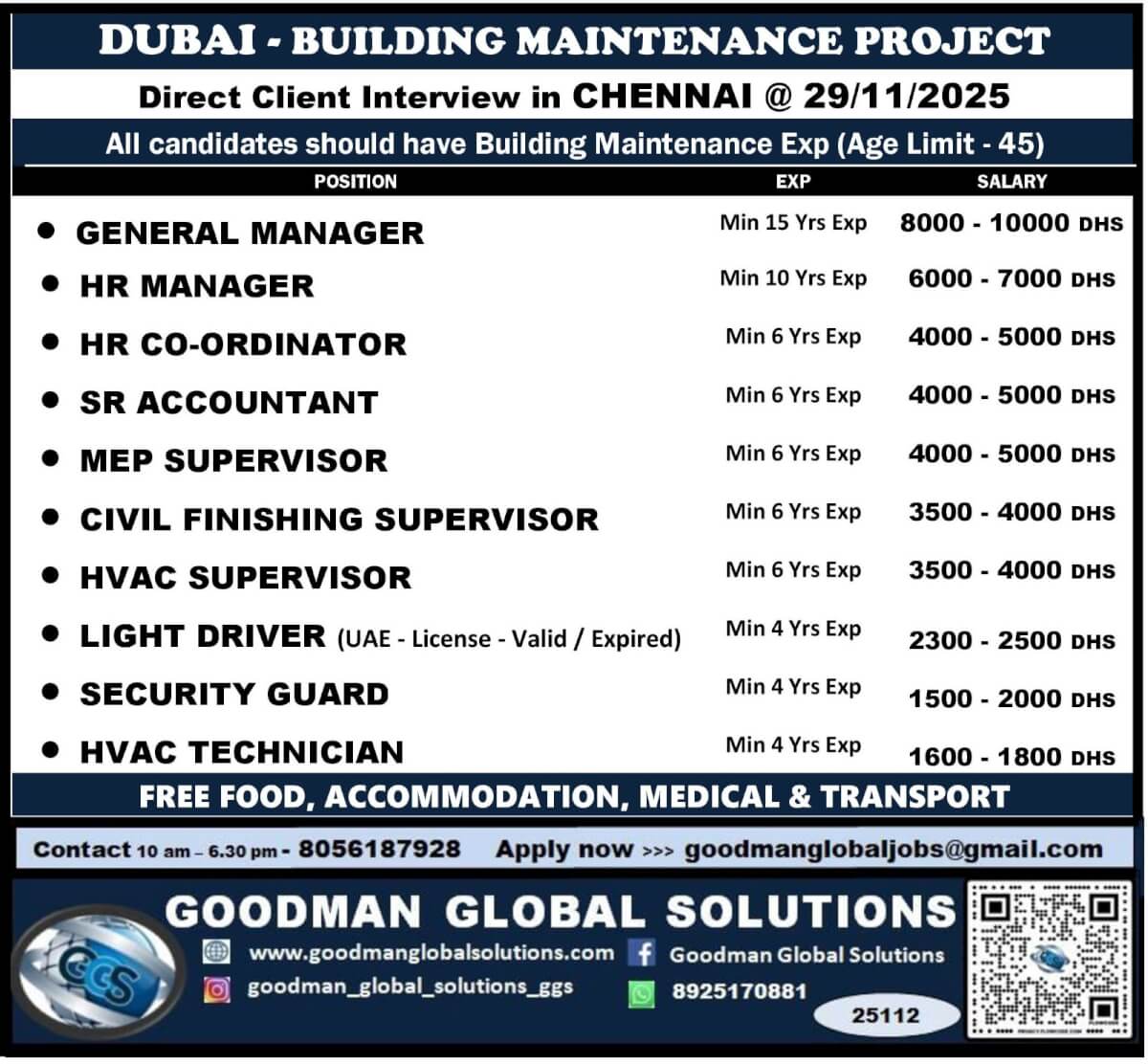 DUBAI - BUILDING MAINTENENCE PROJECT DIRECT CLIENT INTERVIEW IN CHENNAI @29/11/2025 Candidates should have building Maintenece Exp (Age limit - 45) DUBAI - BUILDING MAINTENENCE PROJECT DIRECT CLIENT INTERVIEW IN CHENNAI @29/11/2025 Candidates should have building Maintenece Exp (Age limit - 45)