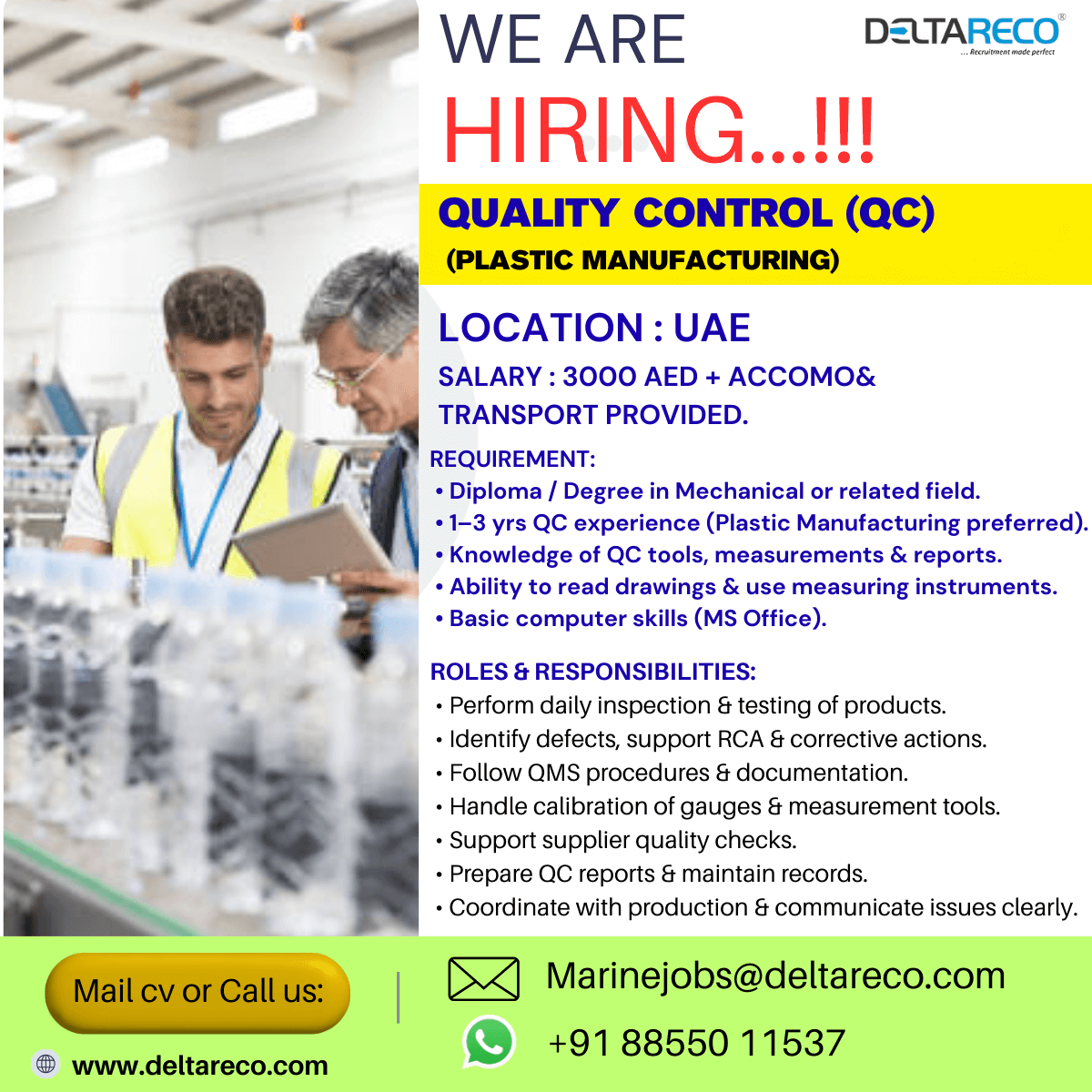 Hiring Quality Control QC officer for UAE preffarably from Plastic Background Hiring Quality Control QC officer for UAE preffarably from Plastic Background