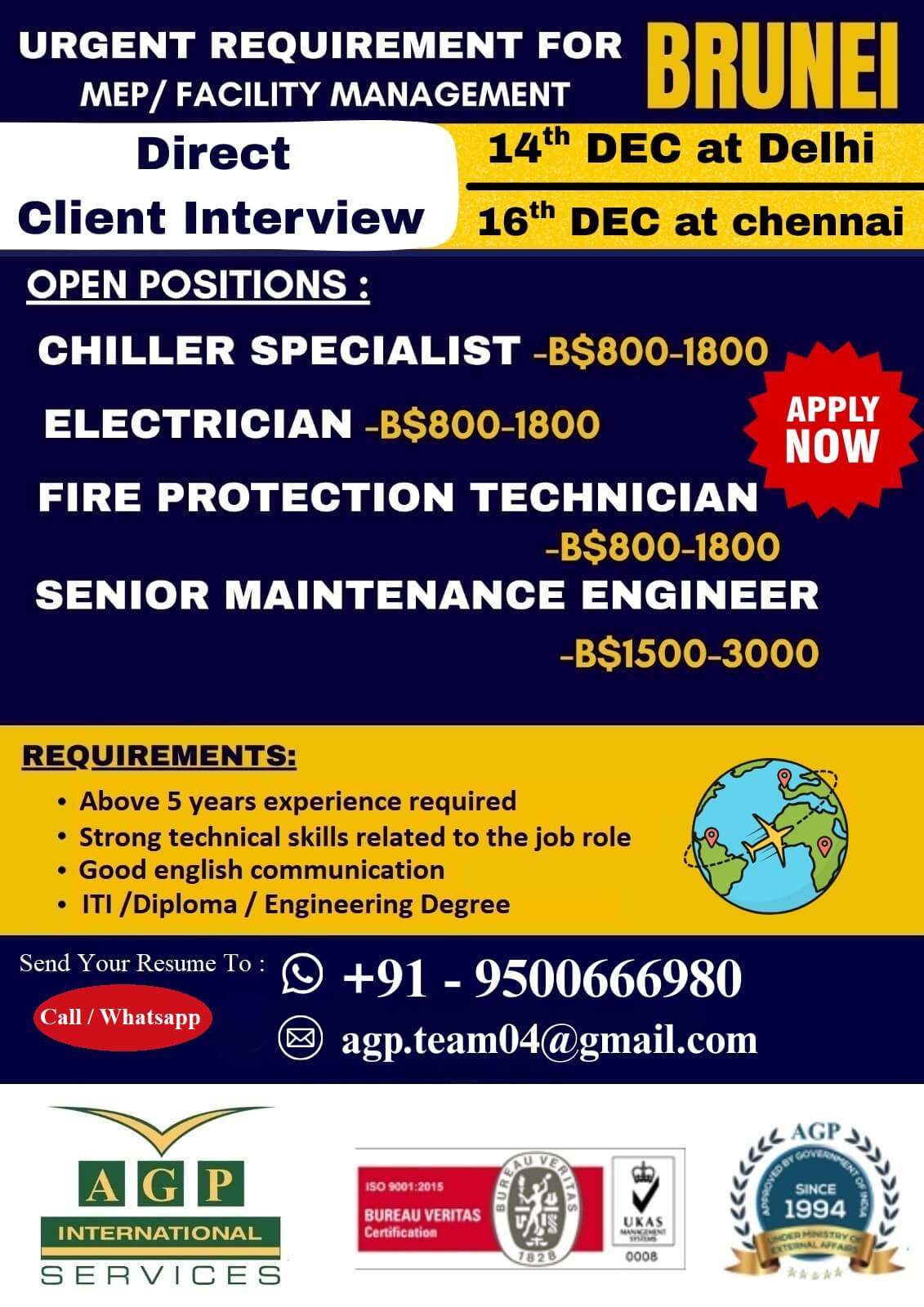 CHILLER SPECIALIST, ELECTRICIAN, FIRE PROTECTION TECHNICIAN, SENIOR MAINTENANCE ENGINEER CHILLER SPECIALIST, ELECTRICIAN, FIRE PROTECTION TECHNICIAN, SENIOR MAINTENANCE ENGINEER