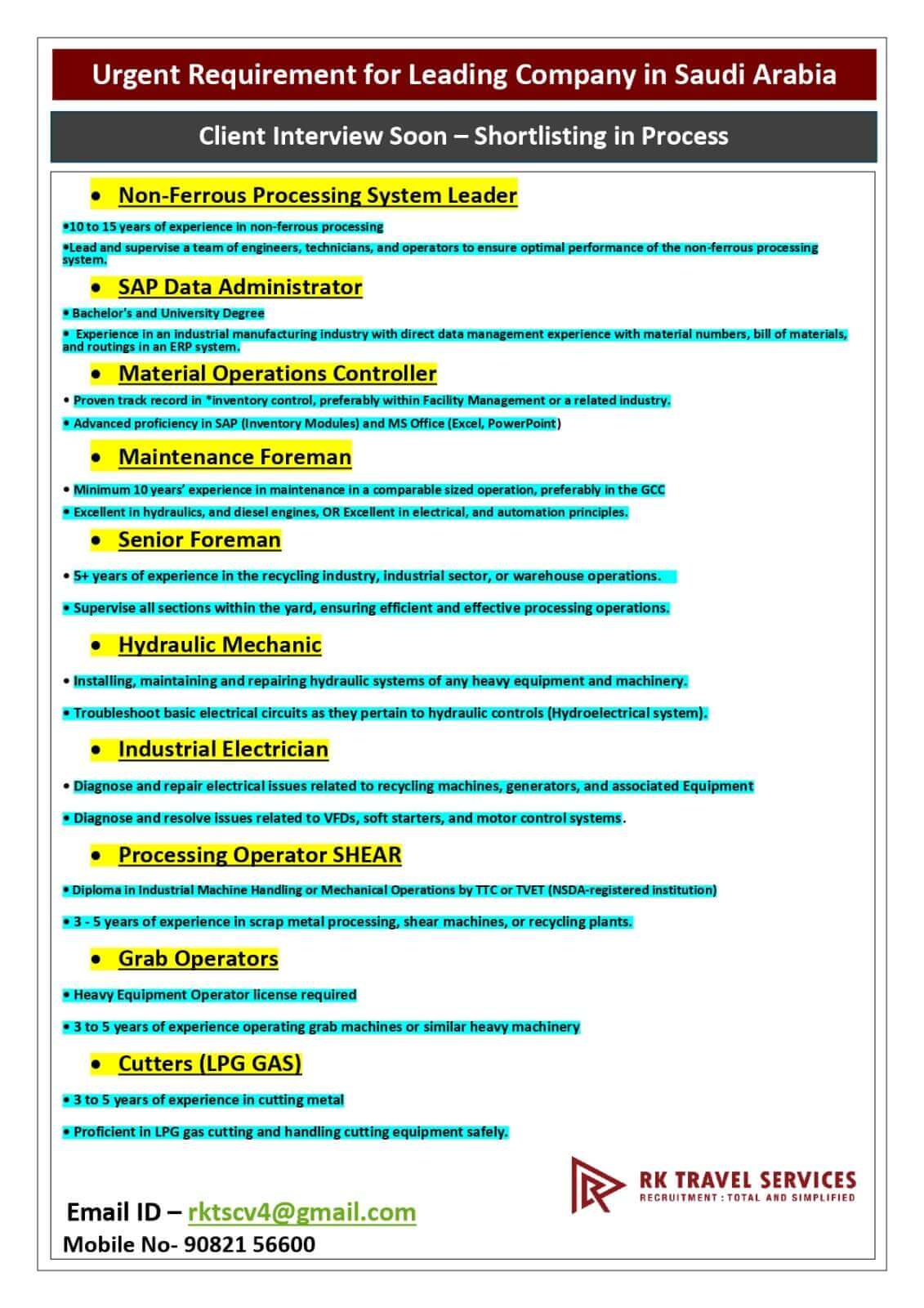 Urgent Requitement For Leading Company In Saudi Arabia