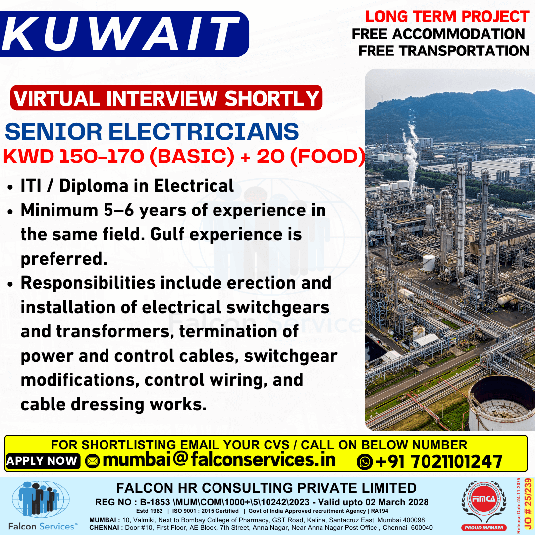 KUWAIT HIRING | Senior Electricians | Long-Term Project | Free Accommodation & Transportation KUWAIT HIRING | Senior Electricians | Long-Term Project | Free Accommodation & Transportation