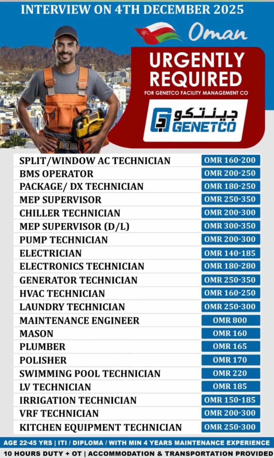 URGENTLY REQUIRED FOR GENETCO FACILITY MANAGEMENT CO IN OMAN-ONLINE INTERVIEW ON 4-12-2025
