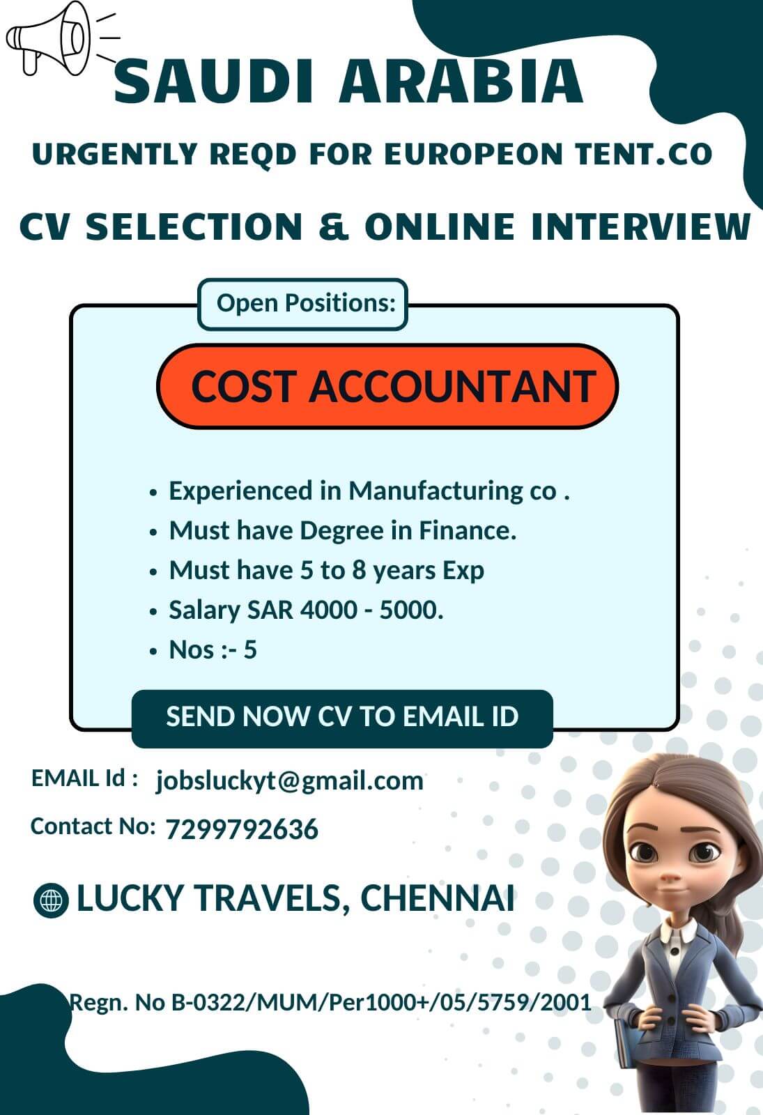 Urgently Hiring for Saudi European Tent Company / CV Selection & ONline Interview/ Contact on 7299792636