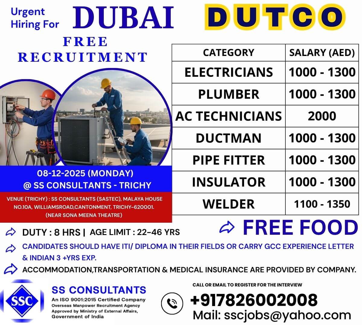 Urgent Hiring for Dubai: Electrician, Plumber, AC Technician Jobs - Free Recruitment - SS Consultants Urgent Hiring for Dubai: Electrician, Plumber, AC Technician Jobs - Free Recruitment - SS Consultants