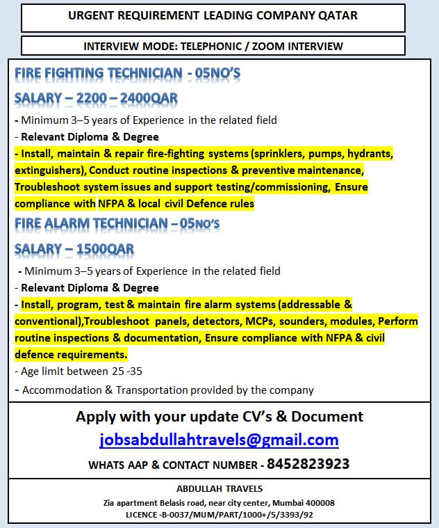 URGENT REQUIREMENT LEADING COMPANY QATAR URGENT REQUIREMENT LEADING COMPANY QATAR