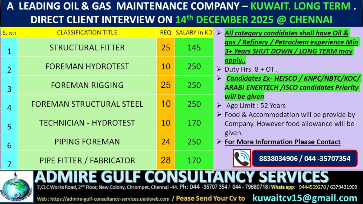 A LEADING OIL & GAS MAINTENANCE COMPANY - KUWAIT LONG TERM . DIRECT CLIENT INTERVIEW ON 14th DECEMBER 2025 @ CHENNAI A LEADING OIL & GAS MAINTENANCE COMPANY - KUWAIT LONG TERM . DIRECT CLIENT INTERVIEW ON 14th DECEMBER 2025 @ CHENNAI