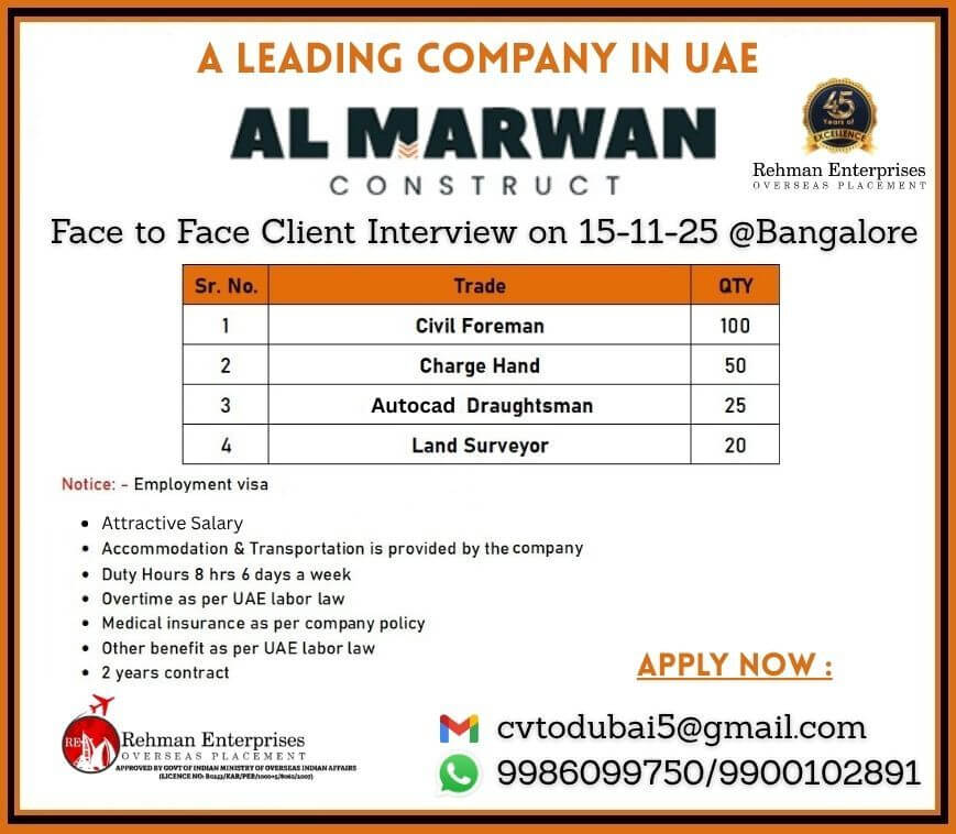 URGENT REQUIREMENT FOR AL MARWAN CONSTRUCT IN UAE-ONLINE INTERVIEW URGENT REQUIREMENT FOR AL MARWAN CONSTRUCT IN UAE-ONLINE INTERVIEW