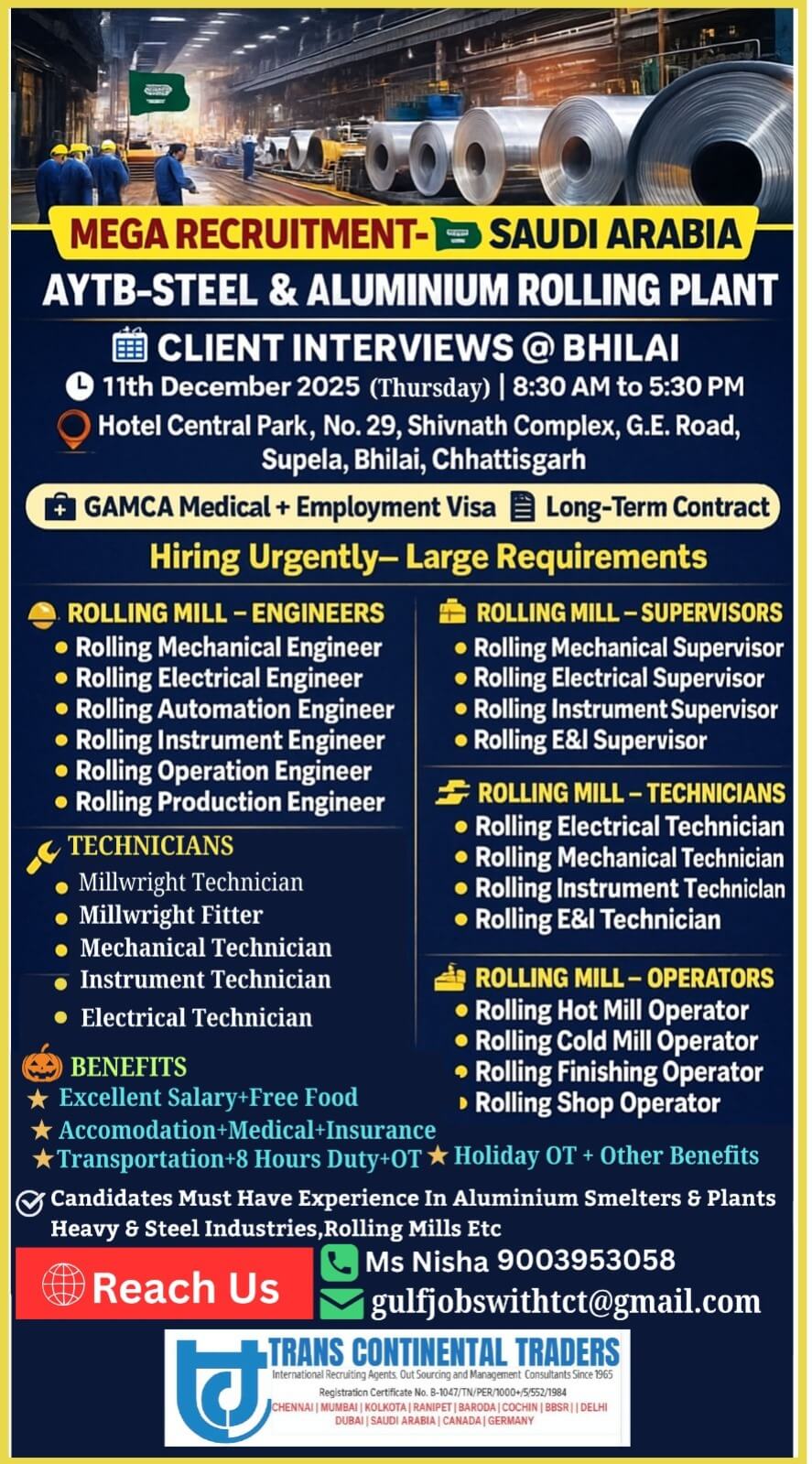 MEGA RECRUITMENT -STEEL & ALUMINIUM PLANT