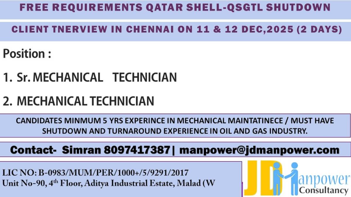 FREE REQUIREMENTS QATAR SHELL-QSGTL shutdown ( Chennai Location ) FREE REQUIREMENTS QATAR SHELL-QSGTL shutdown ( Chennai Location )