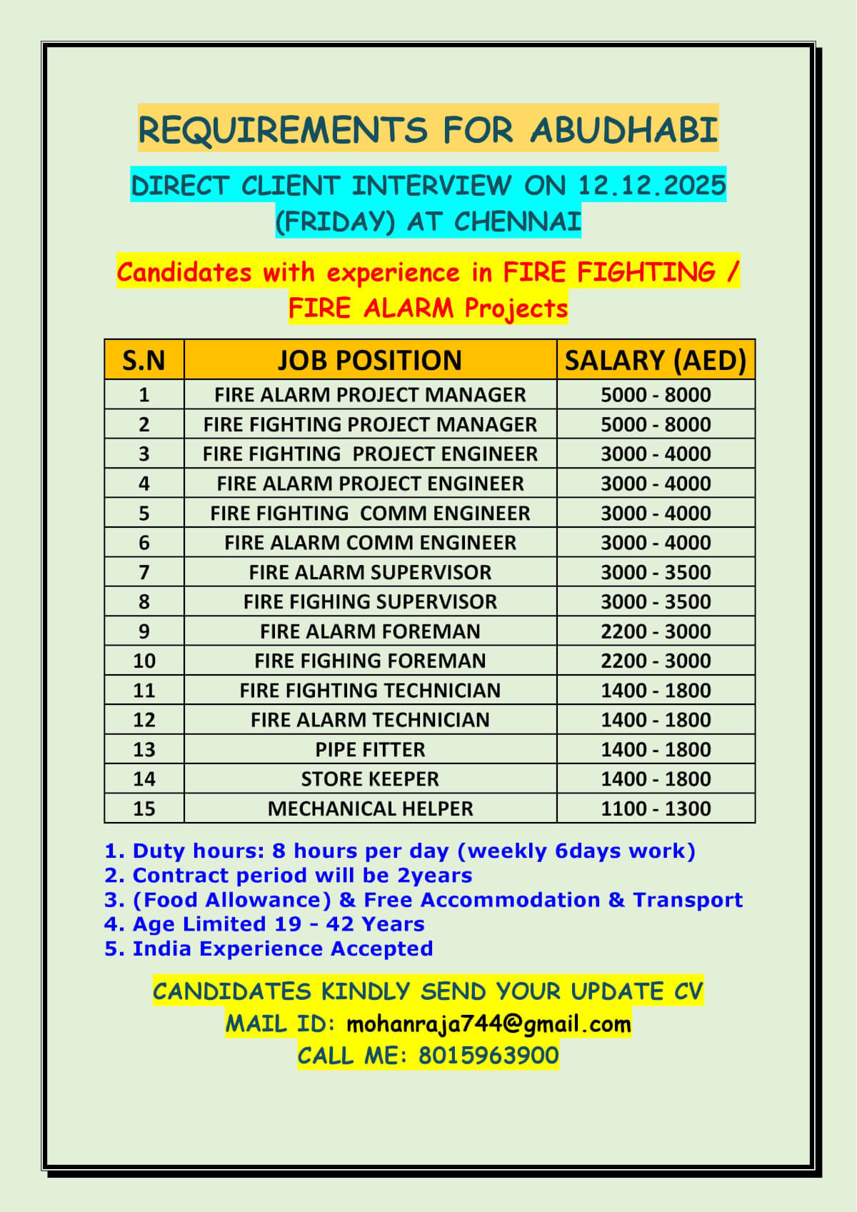 REQUIREMENTS FOR ABUDHABI - DIRECT CLIENT INTERVIEW ON 12.12.2025 (FRIDAY) AT CHENNAI REQUIREMENTS FOR ABUDHABI - DIRECT CLIENT INTERVIEW ON 12.12.2025 (FRIDAY) AT CHENNAI