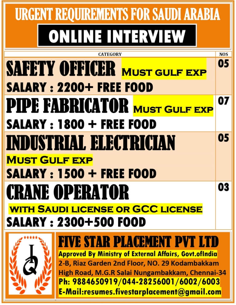 URGENT REQUIREMENT FOR SAUDI ARABIA