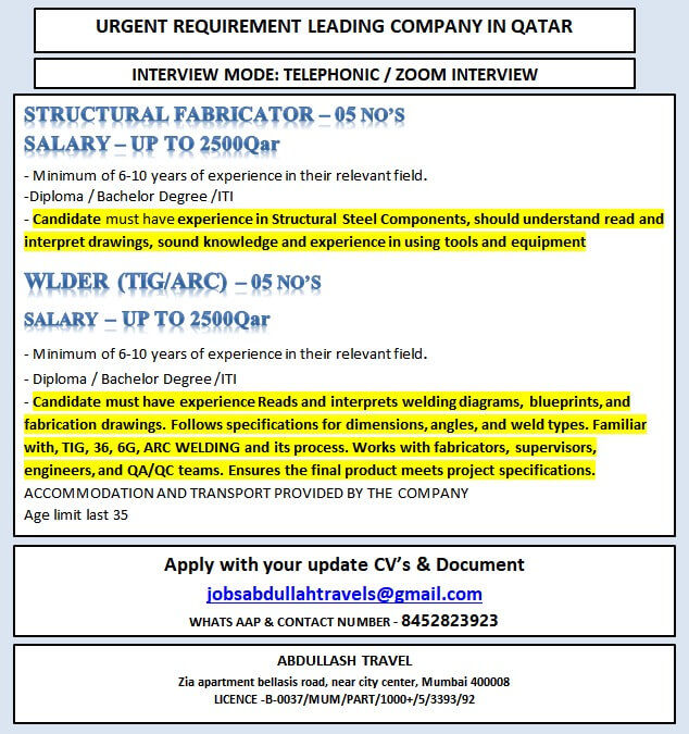 URGENT REQUIREMENT LEADING COMPANY IN QATAR