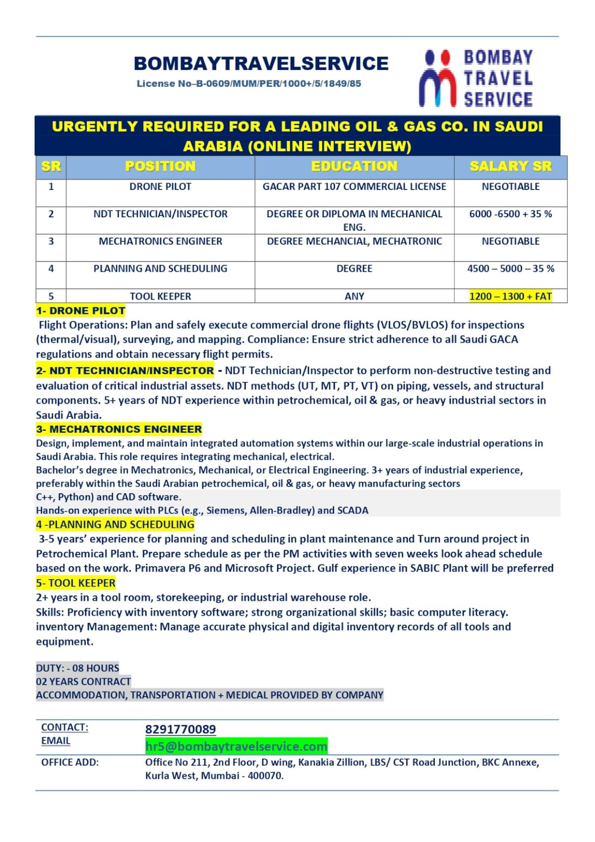 URGENTLY HIRING FOR LEADING OIL & GAS CO. FOR SAUDI ARABIA URGENTLY HIRING FOR LEADING OIL & GAS CO. FOR SAUDI ARABIA
