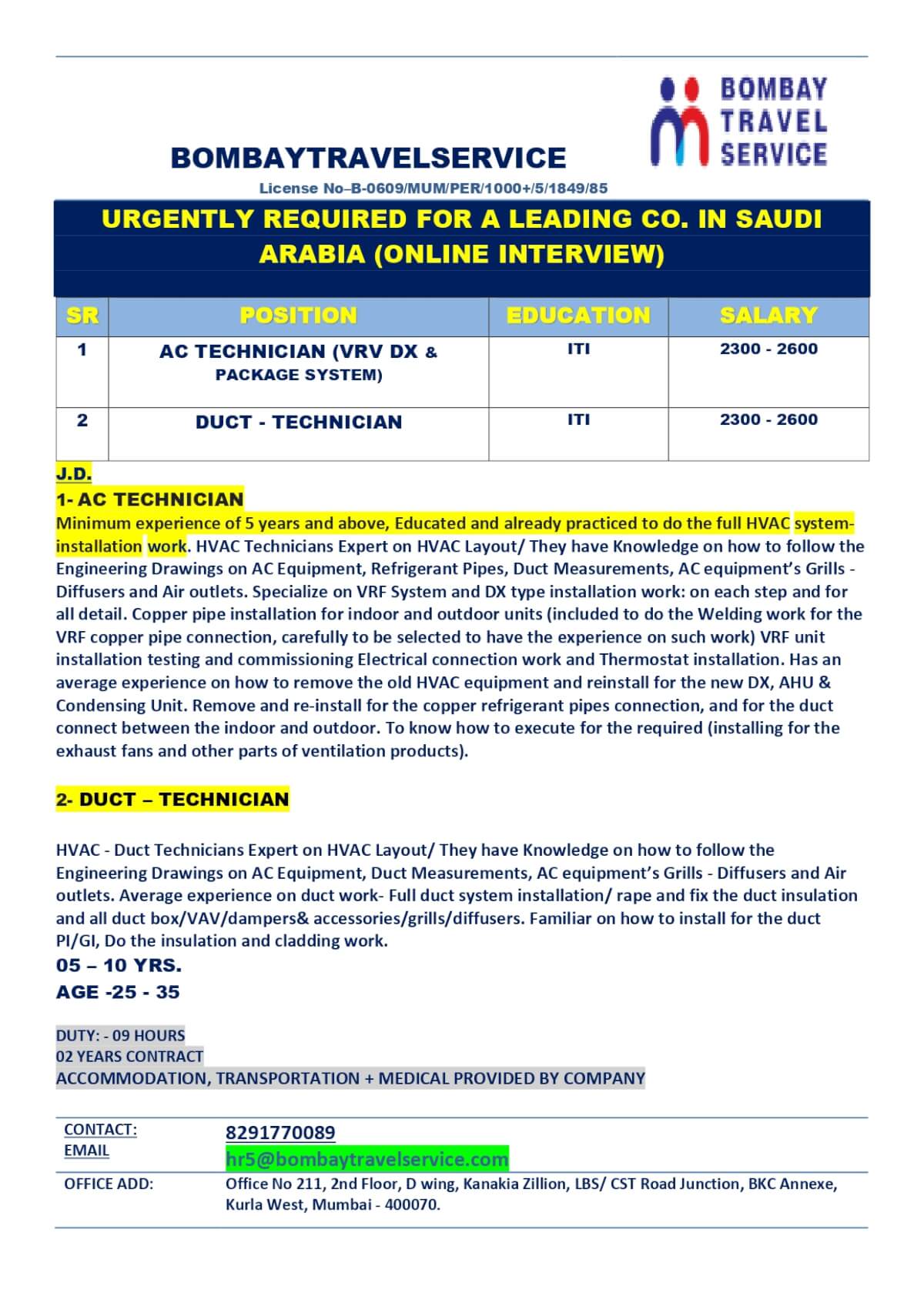 URGENTLY HIRING FOR SAUDI ARABIA URGENTLY HIRING FOR SAUDI ARABIA