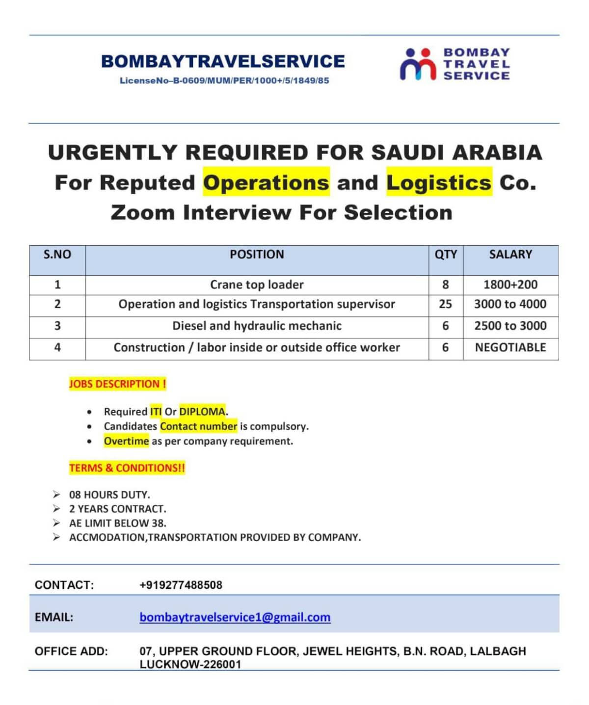 URGENTLY HIRING FOR SAUDI ARABIA