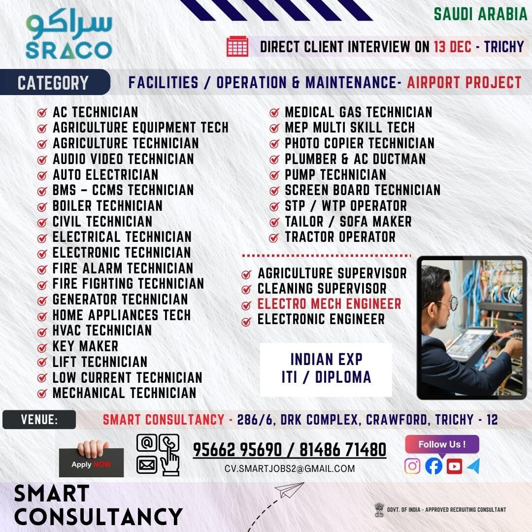 WANTED FOR A LEADING MAINTENANCE COMPANY - AIRPORT PROJECT (SAUDI) - DIRECT CLIENT INTERVIEW ON 13 DECEMBER - TRICHY WANTED FOR A LEADING MAINTENANCE COMPANY - AIRPORT PROJECT (SAUDI) - DIRECT CLIENT INTERVIEW ON 13 DECEMBER - TRICHY