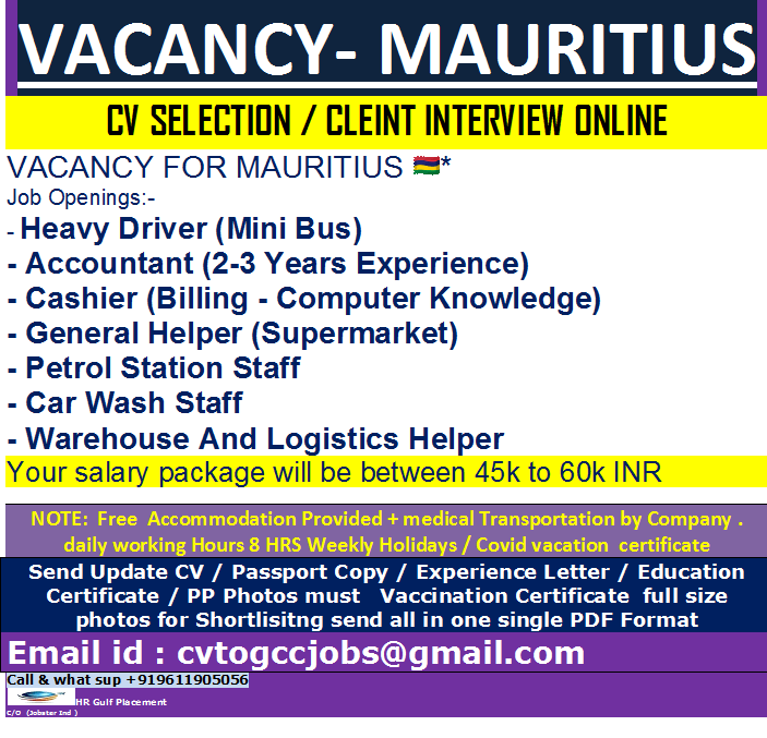 VACANCY- MAURITIUS CV SELECTION / CLEINT INTERVIEW ONLINE VACANCY- MAURITIUS CV SELECTION / CLEINT INTERVIEW ONLINE