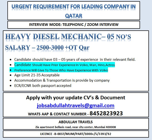 URGENT REQUIREMENT FOR LEADING COMPANY IN QATAR