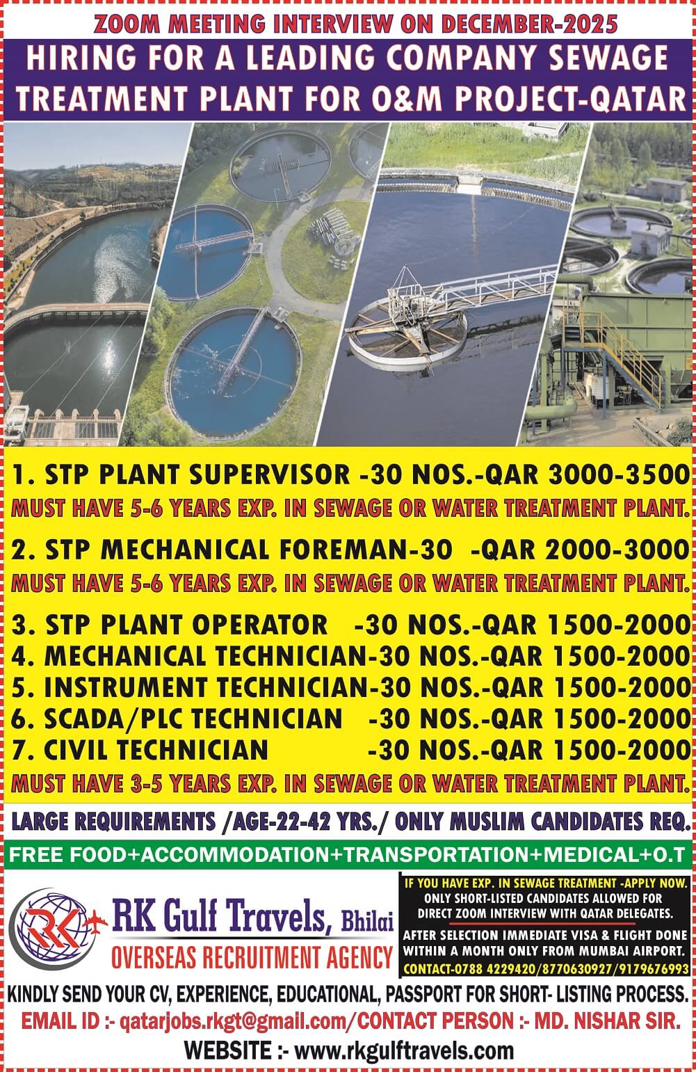 HIRING FOR A LEADING SEWAGE TREATMENT PLANT IN QATAR.