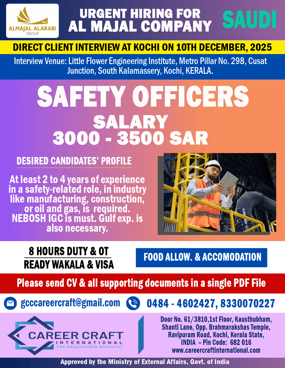 Client Interview at Kochi on 10th December, 2025 for Safety Officers - Client Interview at Kochi on 10th December, 2025 for Safety Officers -