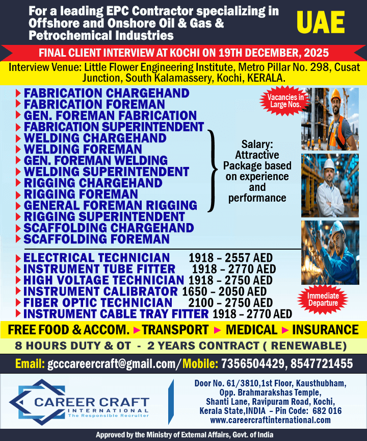 Client Interview at Kochi on 19th December, 2025 for NMDC, Abu Dhabi -