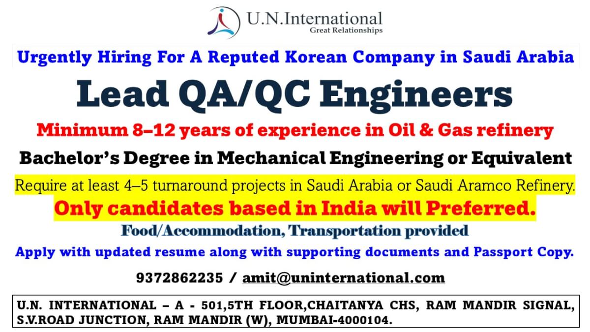 Hiring now QA/QC Engineers for Shutdown Projects in Saudi Arabia