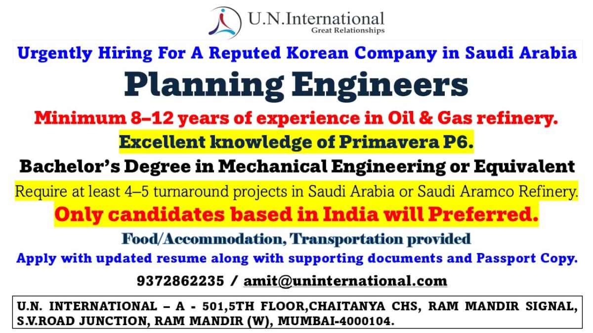 Now we recruit Planning Engineers for Shutdown Openings in Saudi Arabia