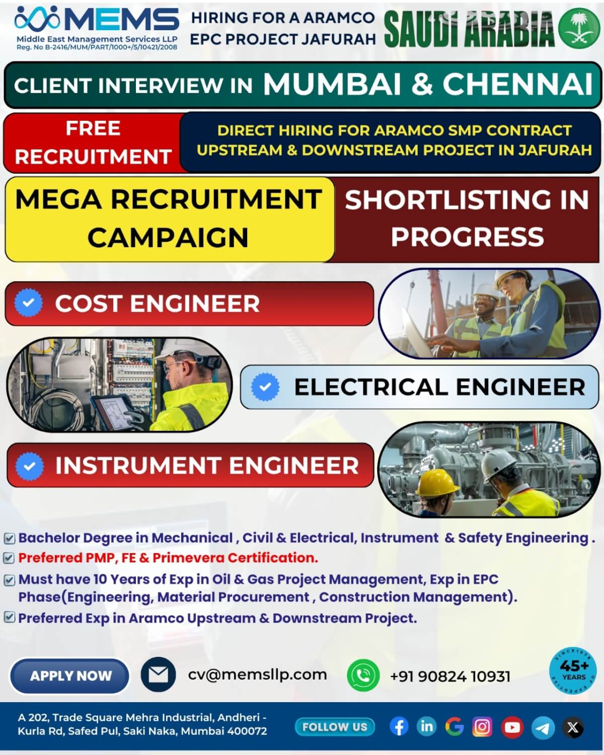 We are hiring for a ARAMCO EPC PROJECT JAFURAH in Saudi Arabia