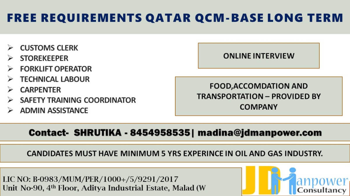 FREE REQUIRMENT FOR QATAR LONG TERM PROJECT - ONLINE INTERVIEW FREE REQUIRMENT FOR QATAR LONG TERM PROJECT - ONLINE INTERVIEW