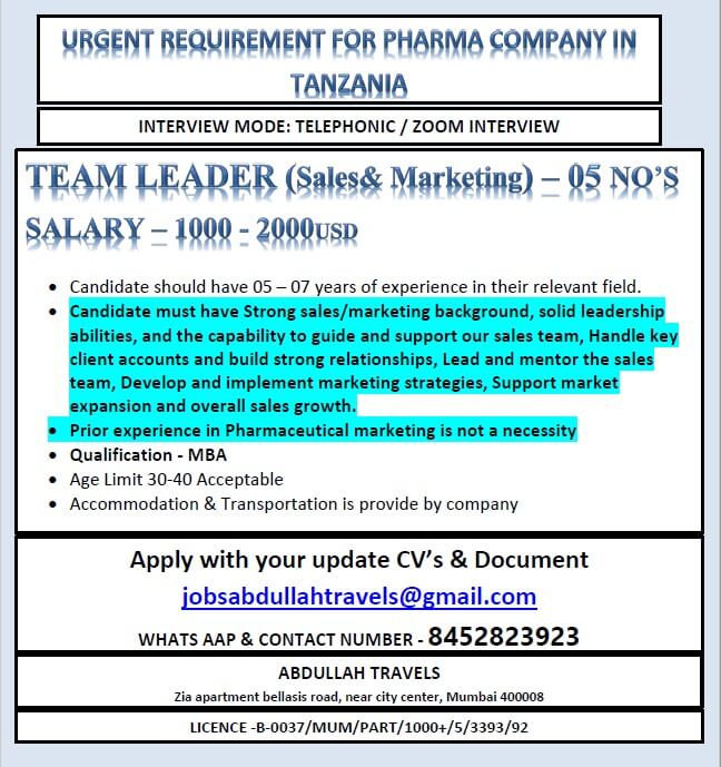 URGENT REQUIREMENT FOR PHARMA COMPANY IN TANZANIA