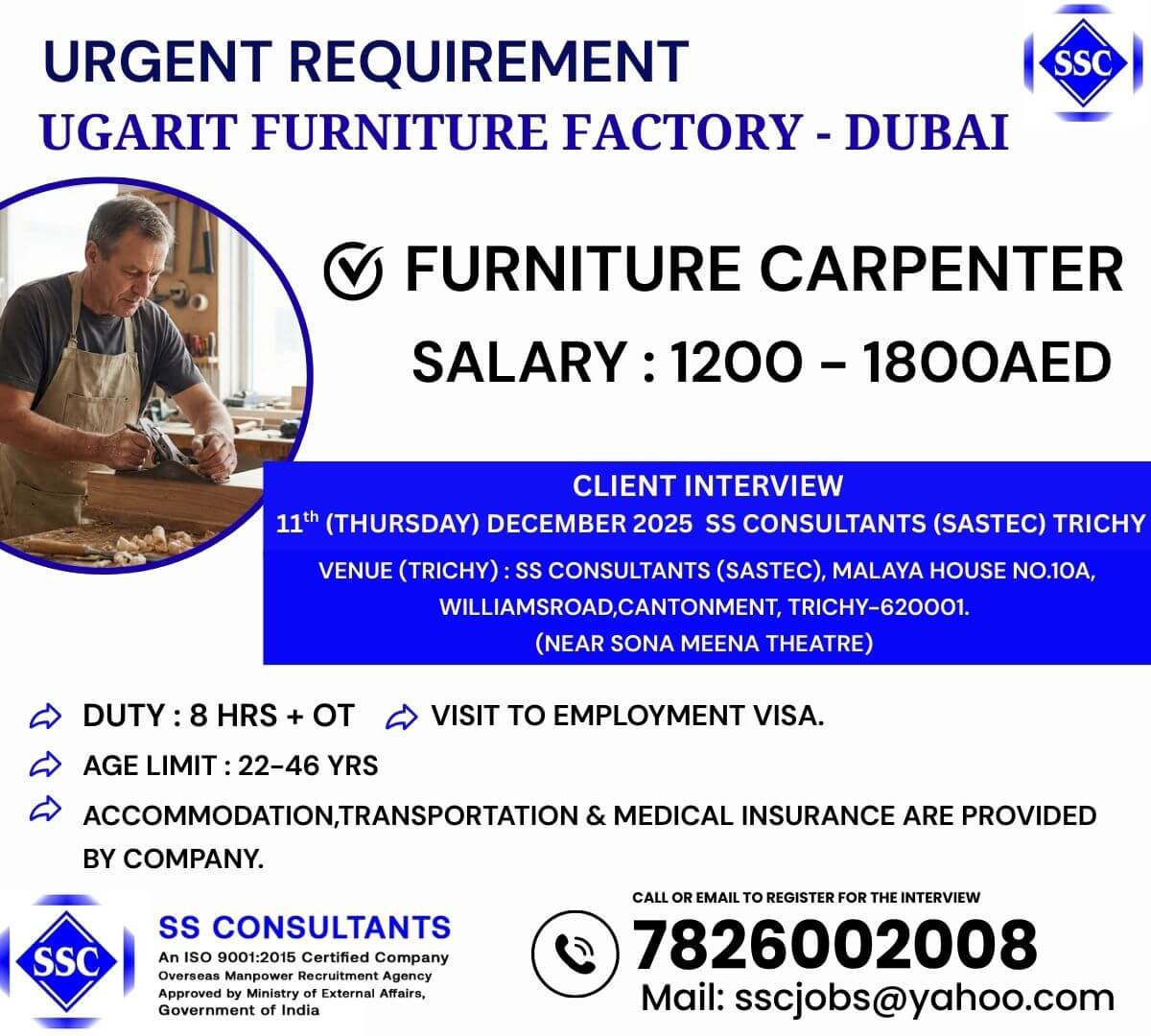 Urgent Carpenter Jobs in Dubai with Visa Sponsorship - Ugarit Furniture Factory Hiring Urgent Carpenter Jobs in Dubai with Visa Sponsorship - Ugarit Furniture Factory Hiring
