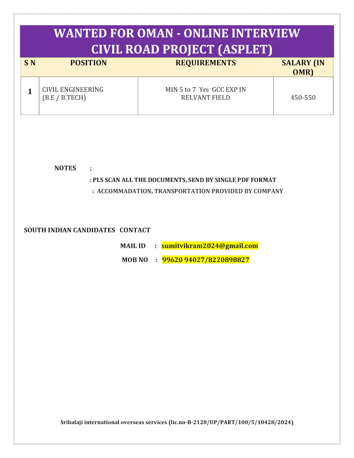 WANTED FOR OMAN - ONLINE INTERVIEW CIVIL ROAD PROJECT (ASPLET) WANTED FOR OMAN - ONLINE INTERVIEW CIVIL ROAD PROJECT (ASPLET)