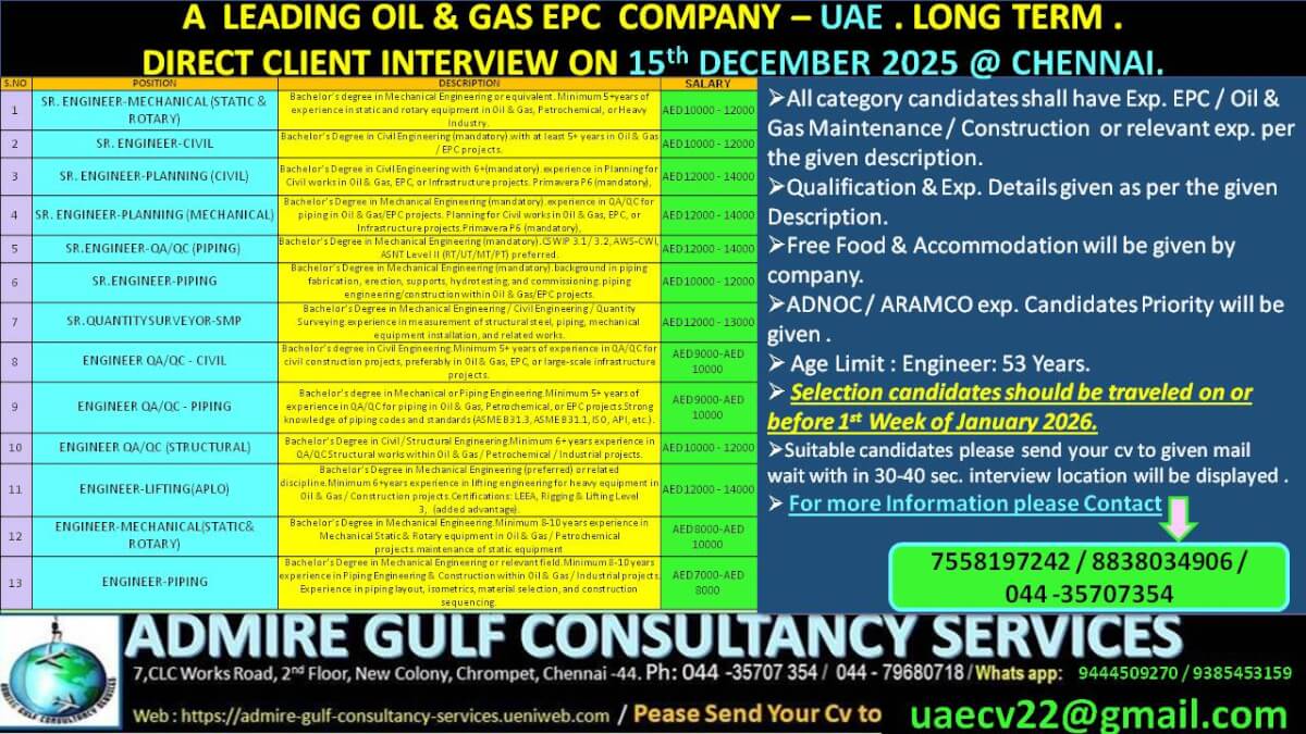 a  leading oil & gas  EPC company - UAE . LONG TERM . DIRECT CLIENT INTERVIEW ON 15th DEC, 2025 @ CHENNAI