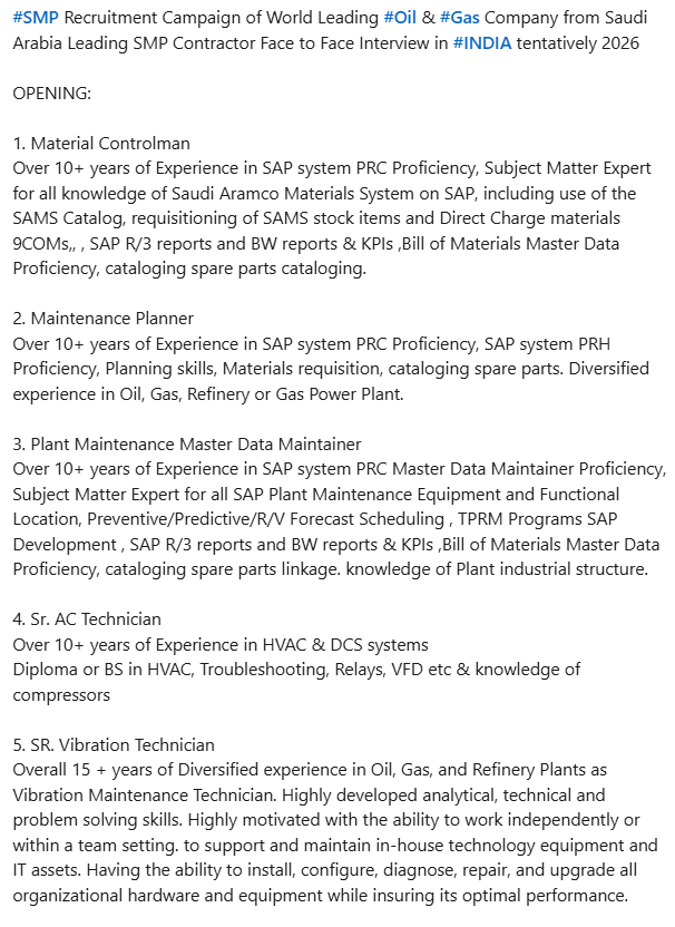 Urgently required for a leading co. in saudi arabia