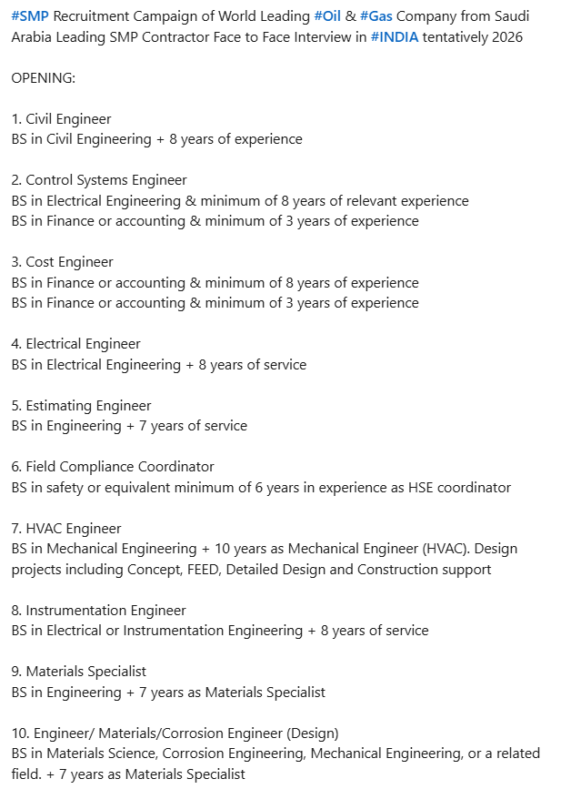 Urgently required for a leading co. in saudi arabia