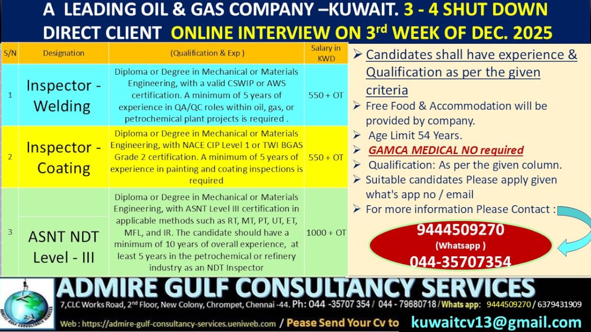A  LEADING OIL & GAS COMPANY  - KUWAIT -3-4 MONTHS SHUT DOWN . DIRECT CLIENT ONLINE INTERVIEW ON 3 rd WEEK FO DECEMBER 2025