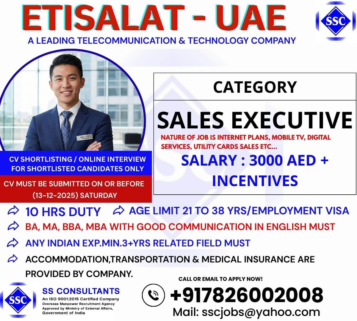 Sales Executive Job in UAE - 3000 AED Salary + Accommodation & Visa - Etisalat