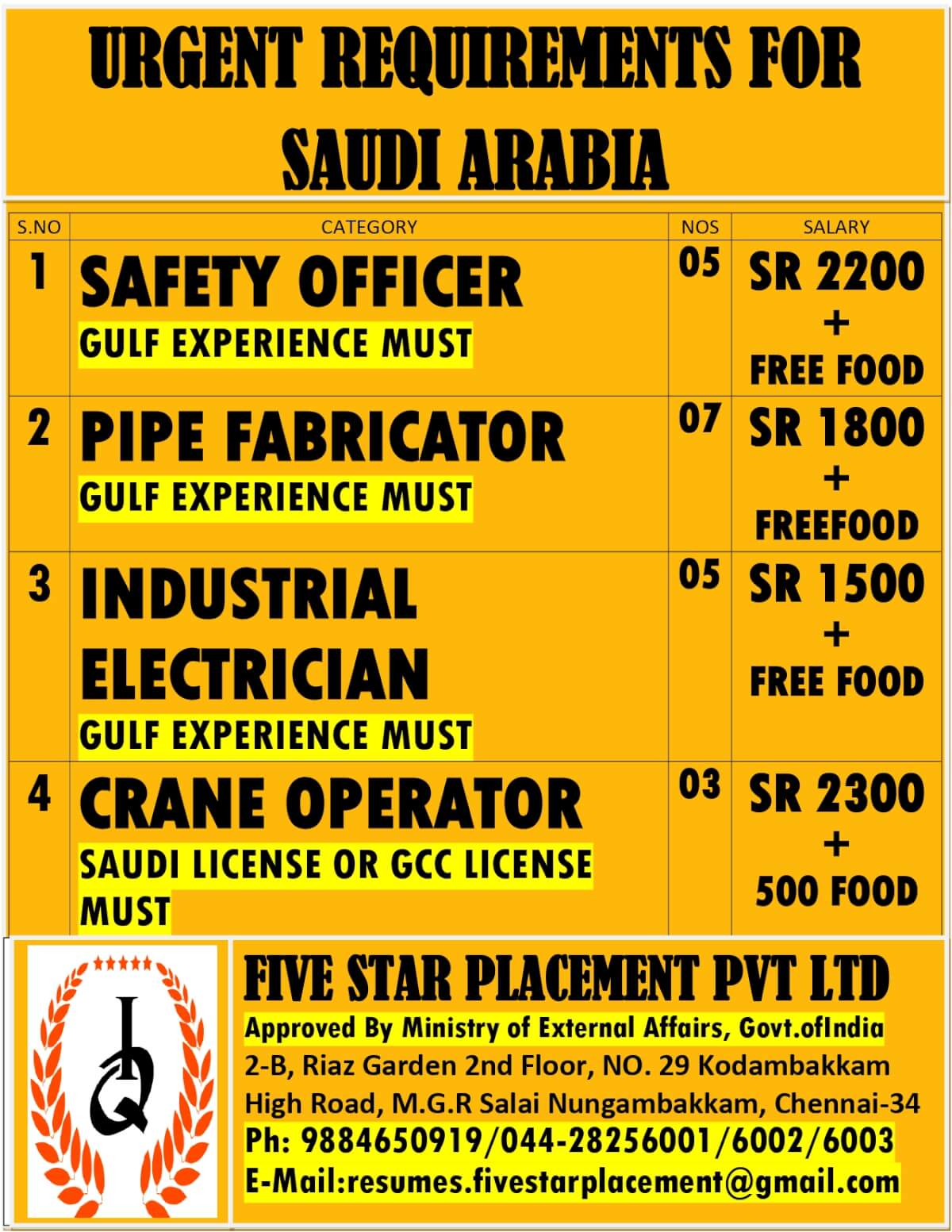 URGENT REQUIREMENT FOR SAUDI ARABIA