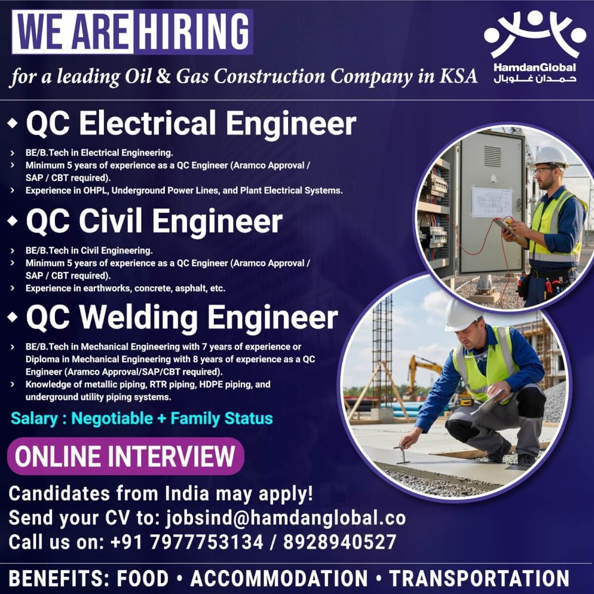 Job requirement for QC Welding, Electrical & Civil Engineers Job requirement for QC Welding, Electrical & Civil Engineers