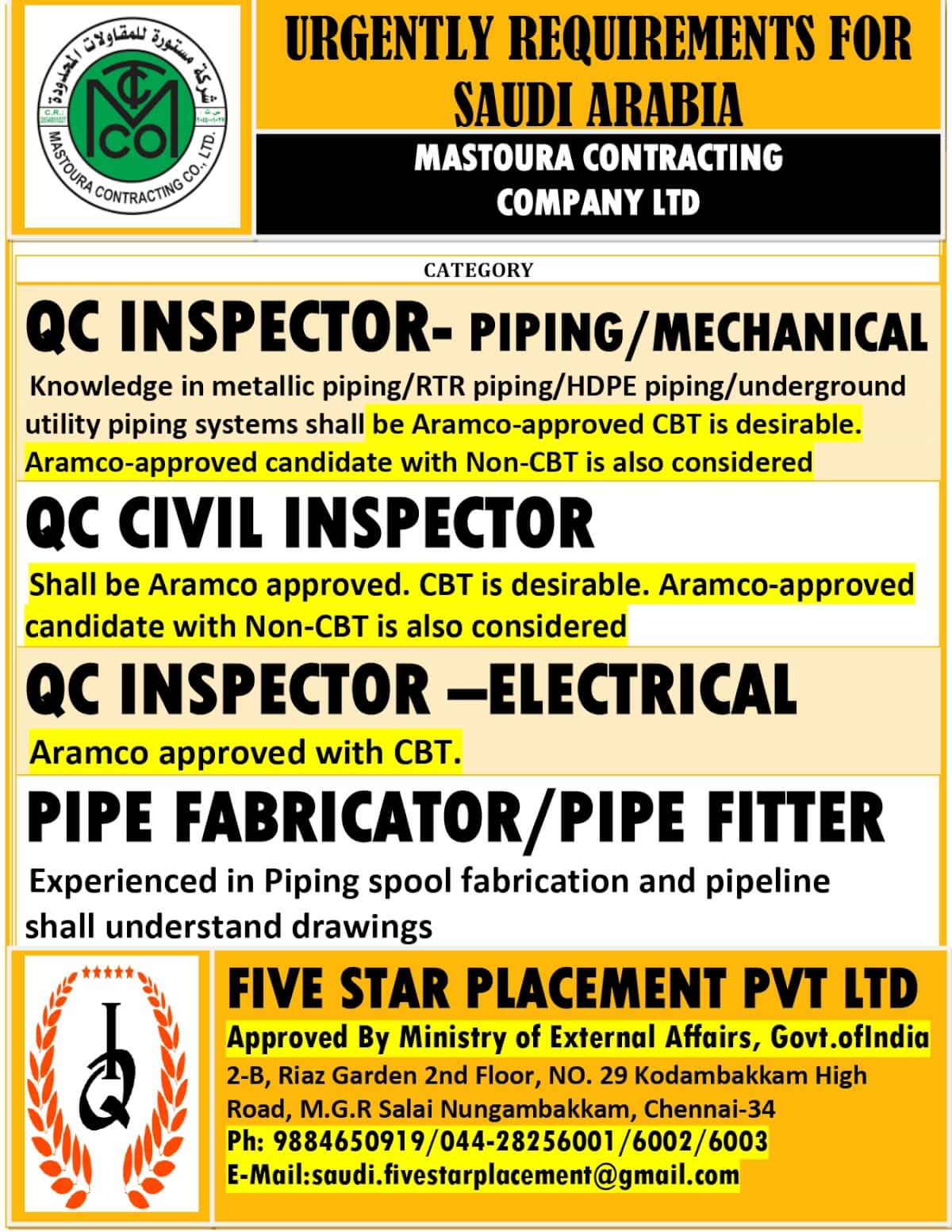 URGENT REQUIREMENT FOR SAUDI ARABIA