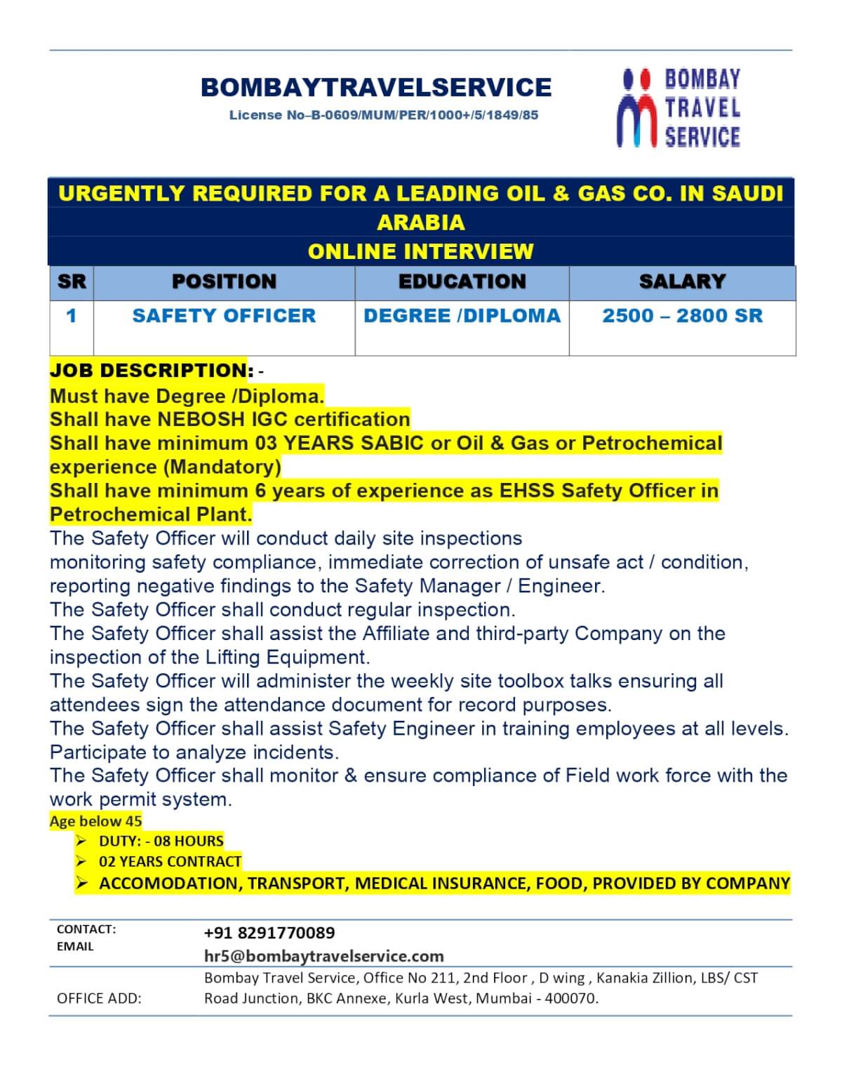 URGENTLY HIRING SAFETY OFFICER FOR LEADING OIL & GAS CO. SAUDI ARABIA