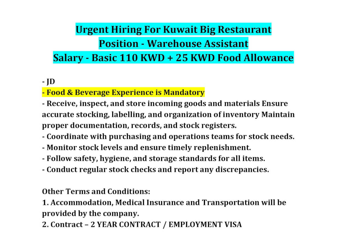 Urgent Hiring For Kuwait Big Restaurant Urgent Hiring For Kuwait Big Restaurant