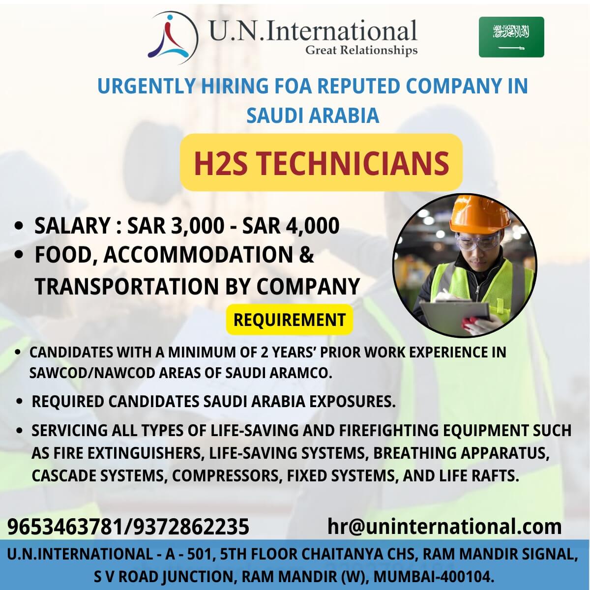 H2S  Technicians required for Saudi Arabia Long Term