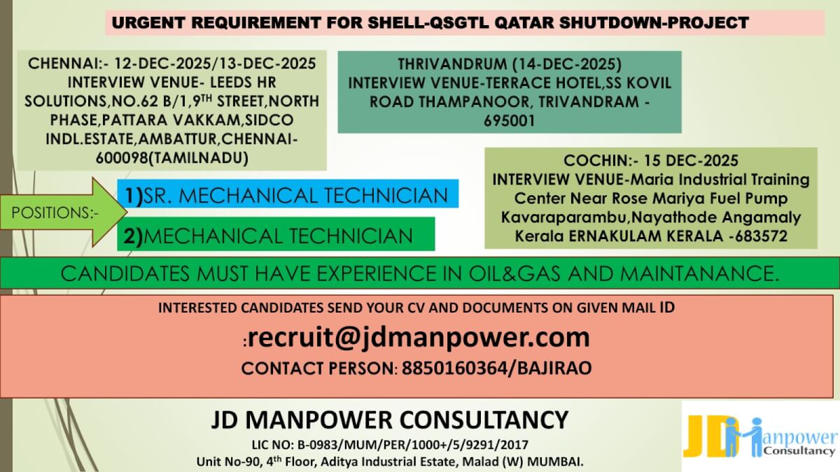 URGENT QATAR SHELL-QSGTL SHUTDOWN CAMPAIGN-CLIENT INTERVIEW;- CHENNAI/THRIVENDRUM/COCHIN