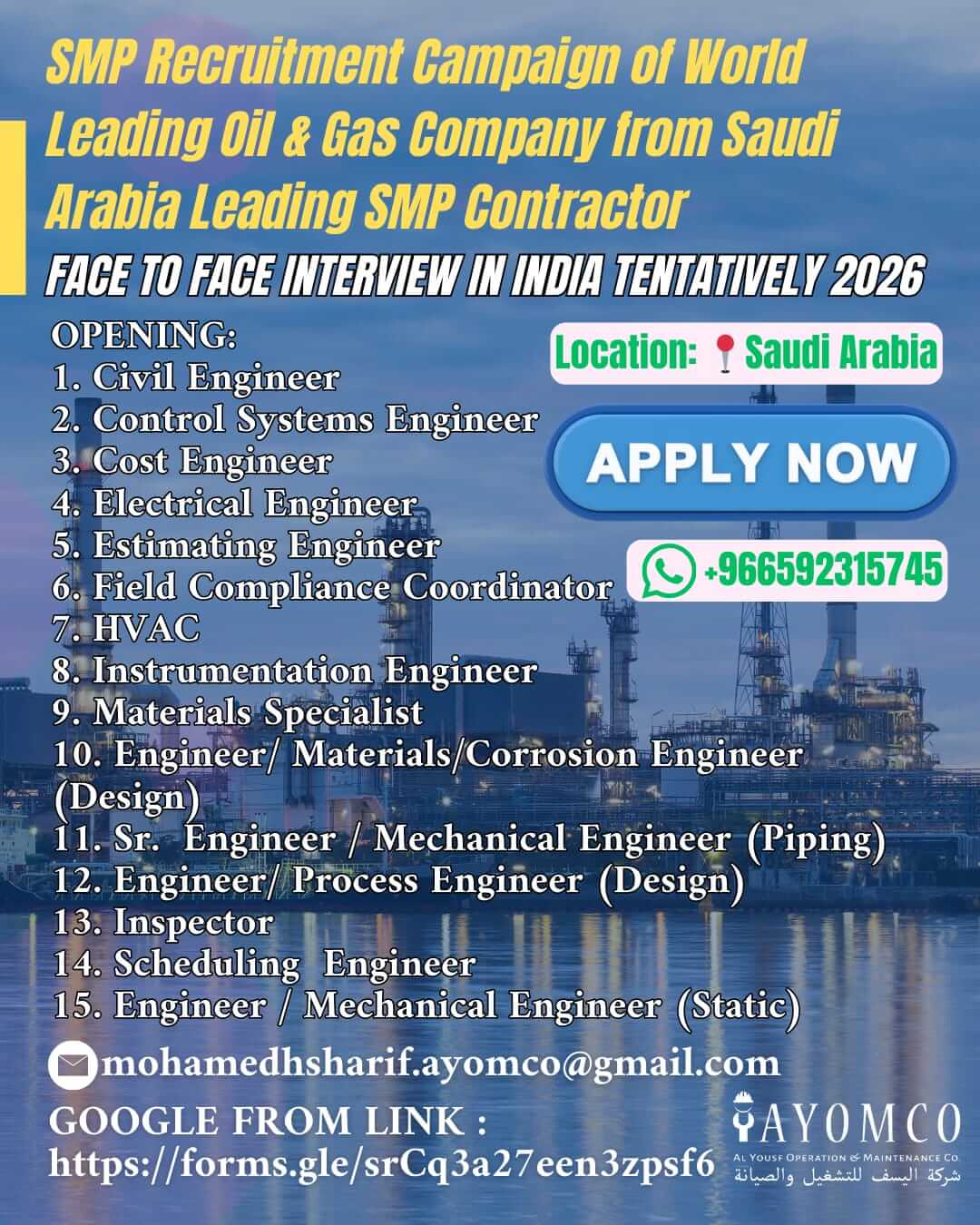 SMP Contractor Face to Face Interview in hashtag#INDIA tentatively 2026