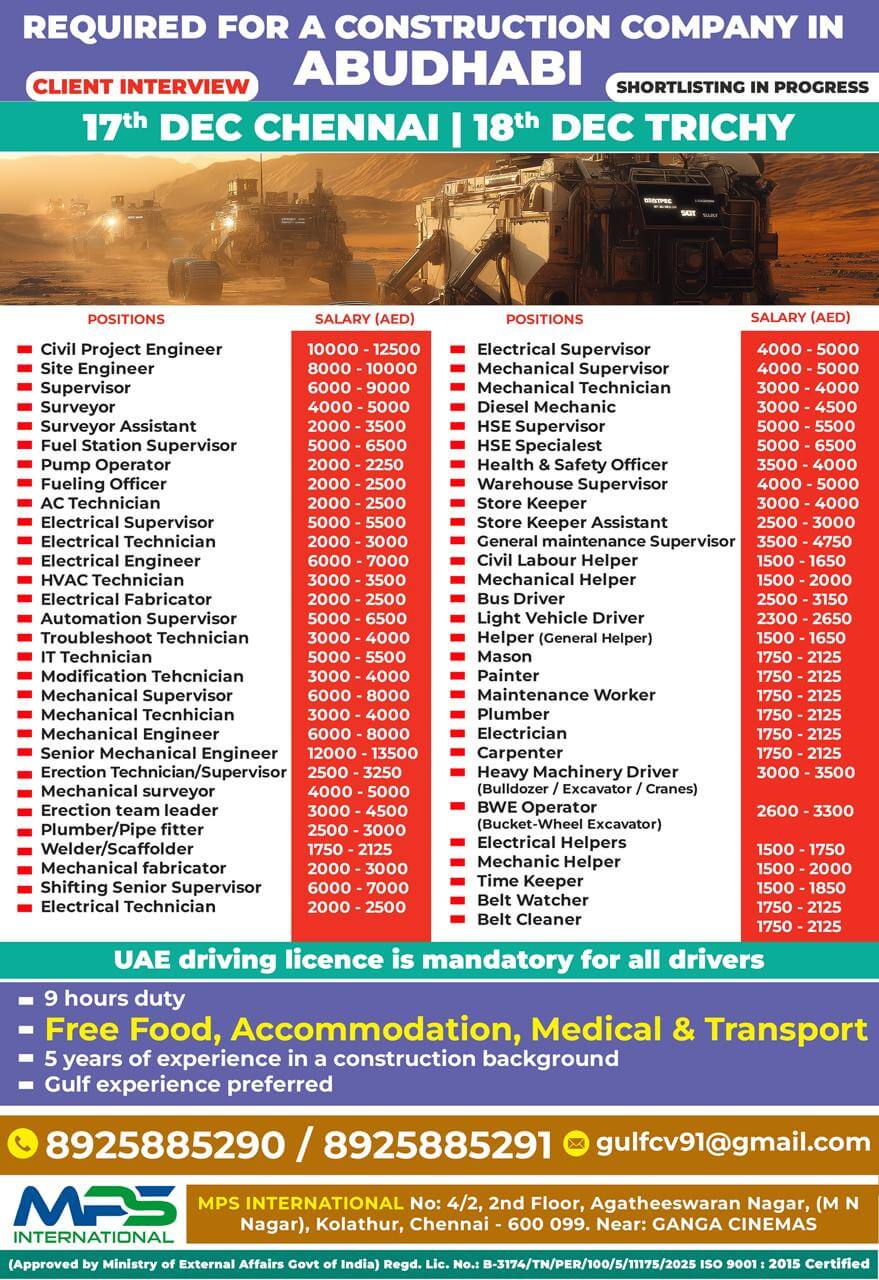 REQUIRED FOR A CONSTRUCTION COMPANY IN ABUDHABI CLIENT INTERVIEW 17.12.2025 AT CHENNAI & 18.12.2025 AT TRICHY REQUIRED FOR A CONSTRUCTION COMPANY IN ABUDHABI CLIENT INTERVIEW 17.12.2025 AT CHENNAI & 18.12.2025 AT TRICHY