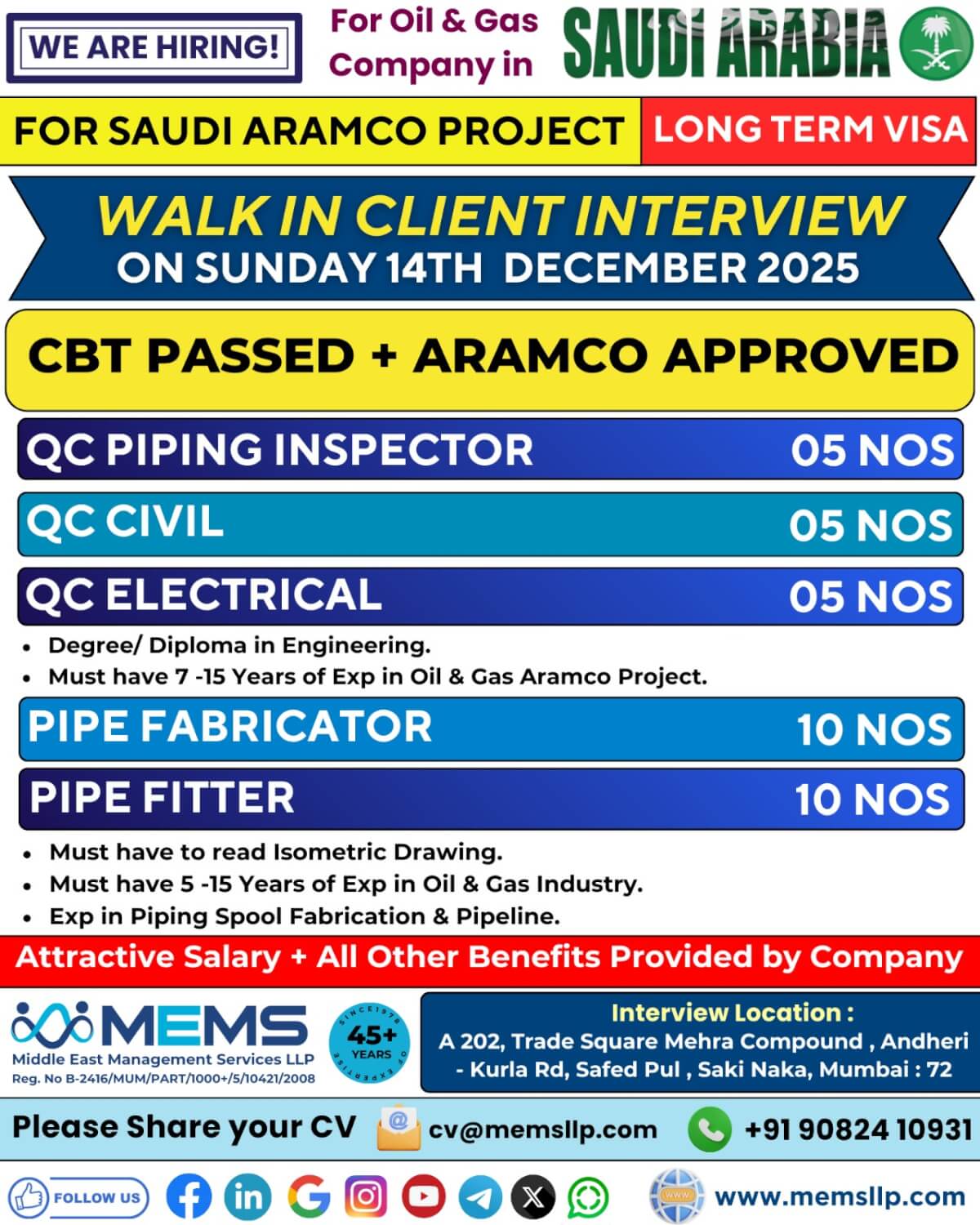 We Are Hiring for Saudi ARAMCO Project – Long Term Visa